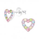 Oorbellen meisjes zilver | Zilveren oorstekers, roze hartje met gekleurde kristallen