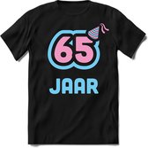 65 Jaar Feest kado T-Shirt Heren / Dames - Perfect Verjaardag Cadeau Shirt - Licht Blauw / Licht Roze - Maat XXL