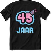 45 Jaar Feest kado T-Shirt Heren / Dames - Perfect Verjaardag Cadeau Shirt - Licht Blauw / Licht Roze - Maat XL