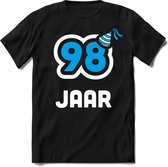 98 Jaar Feest kado T-Shirt Heren / Dames - Perfect Verjaardag Cadeau Shirt - Wit / Blauw - Maat L