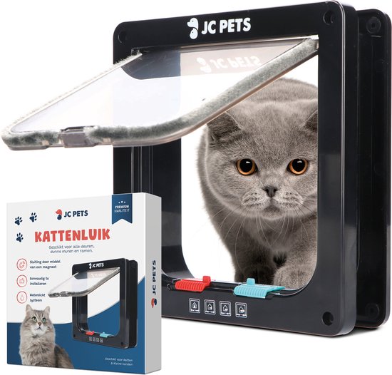 JC Pets Premium Kattenluik - Inclusief Tunnel - 4 Vergrendelingsstanden - Zwart - 20 x 19 x 5.5 cm - Waterdicht