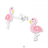 Oorbellen meisjes zilver | Zilveren oorstekers, roze flamingo met kristal