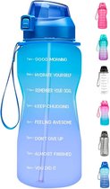 FLOOQ - Waterfles - Drinkfles - Bidon - Sportdrankfles - Grote waterfles - Rietje - 2 Liter - Lekvrij - Tijdsmarkering - Motivatie Waterfles - Blauw