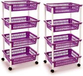 2x stuks opberger/organiser trolley/roltafel met 4 manden 85 cm violet paars - Etagewagentje/karretje met opbergkratten