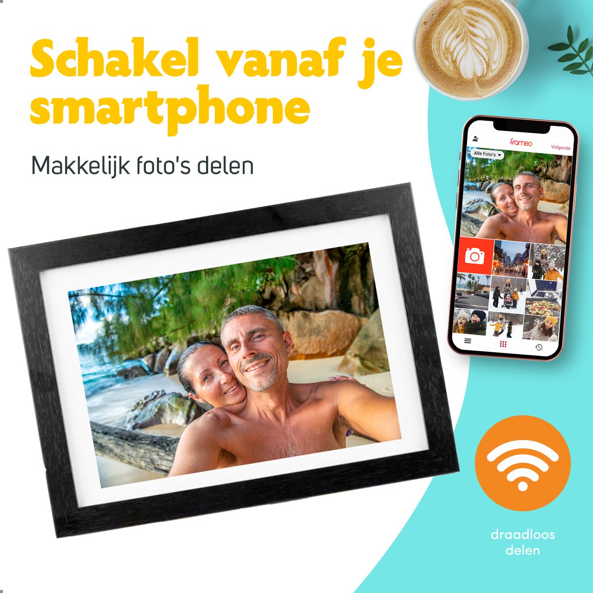 Pora&Co - Digitale fotolijst met WiFi en Frameo App – 10.1 inch - Pora – HD -IPS Display – Zwart/Hout - Micro SD – Touchscreen thumbnail 6