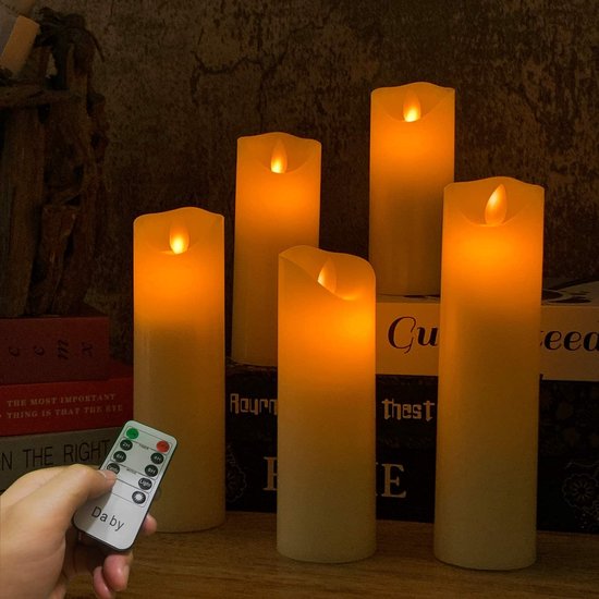 Da by Set van 5 vlamloze glazen effectkaarsen H 13/14/16/18/20 cm van echte was, druppelvrije was met realistische dansende led-vlam en afstandsbediening met 10 toetsen met 24-uurs timer