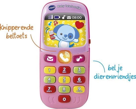 Roze VTech Baby Telefoon met een hondje en tekst 'bel je dierenvriendjes'.