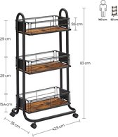 A.T. Shop Serveerwagen, keukenwagen, keukenrek op wielen, trolley met 3 niveaus, wielen 360° draaibaar, voor keuken, eetkamer, woonkamer, werkkamer, vintage bruin-zwart