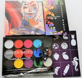 15 Kleuren Face & Body Painting Kit-Schminkset -  Non-Toxic Verf - Makeup Extensions - Water Based - Met 2 Kwasten+4 Plaatjes - Geldere Kleuren- Feest/Party/Halloween/Verjaardag/Nieuwjaar -Pa