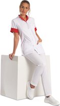 Tunique femme Care Coat - blanche avec accent rouge - col montant et col en V - poche poitrine et poches latérales - taille 50