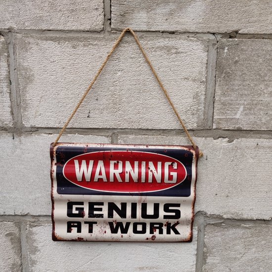 Plaque Métallique XL WARNING GENIUS AT WORK Décoration Mancave Boys Room Garage