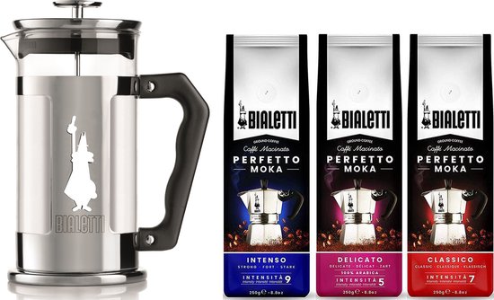 Presse à Coffee Bialetti Presioza 1000ml + pack d'échantillons de café  Bialetti 3 x 250gr