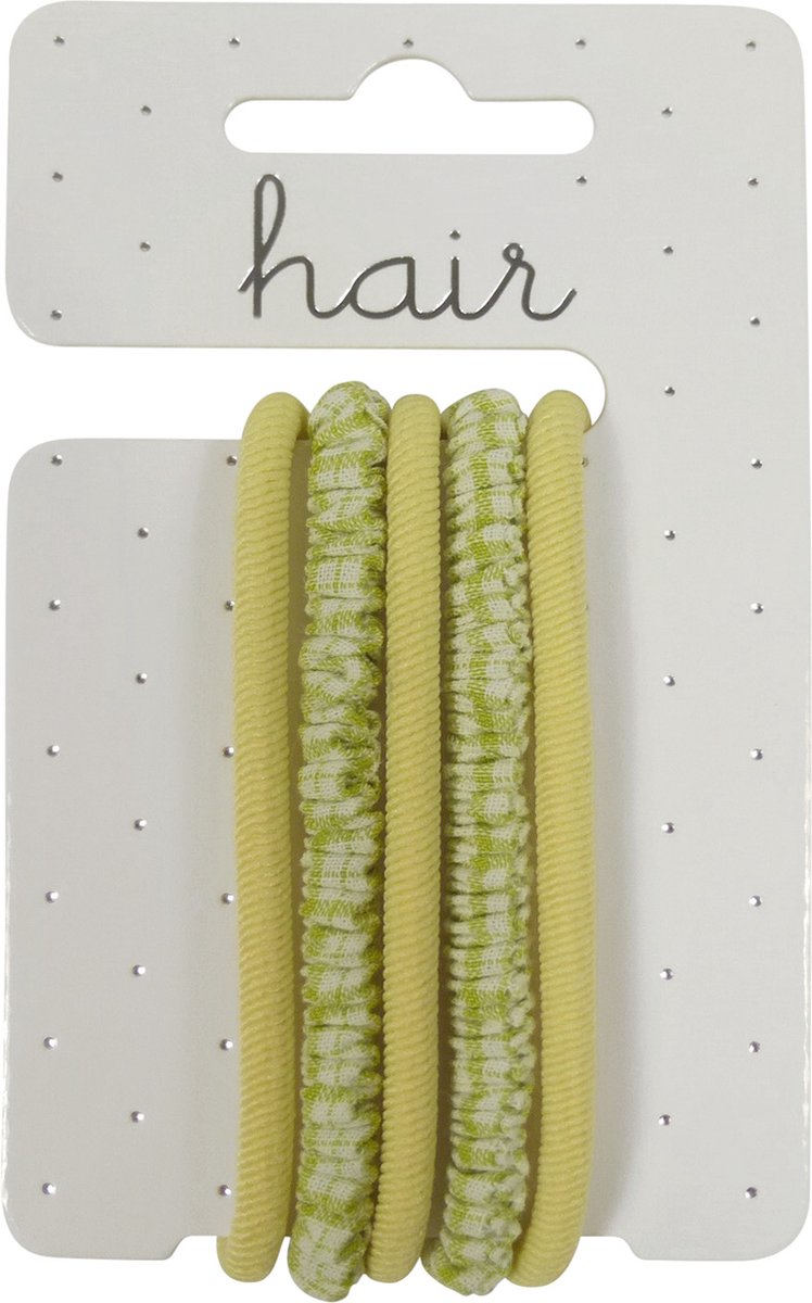 Elastiek/Scrunchie Set Ribbel en Ruit Décor - Geel/Groen - 5 stuks