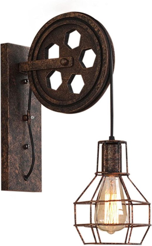 Hoexs - Industriële Katrol Wandlamp - Vintage Muurlamp Binnen – E27 Fitting - Metaal en Hout - Loft Stijl
