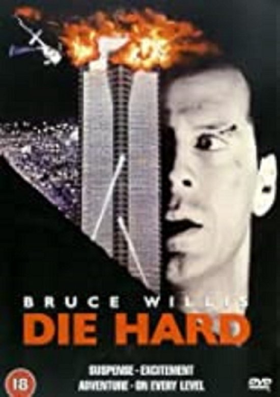 Bruce Willis voor brandende torens, "DIE HARD" op de hoes.