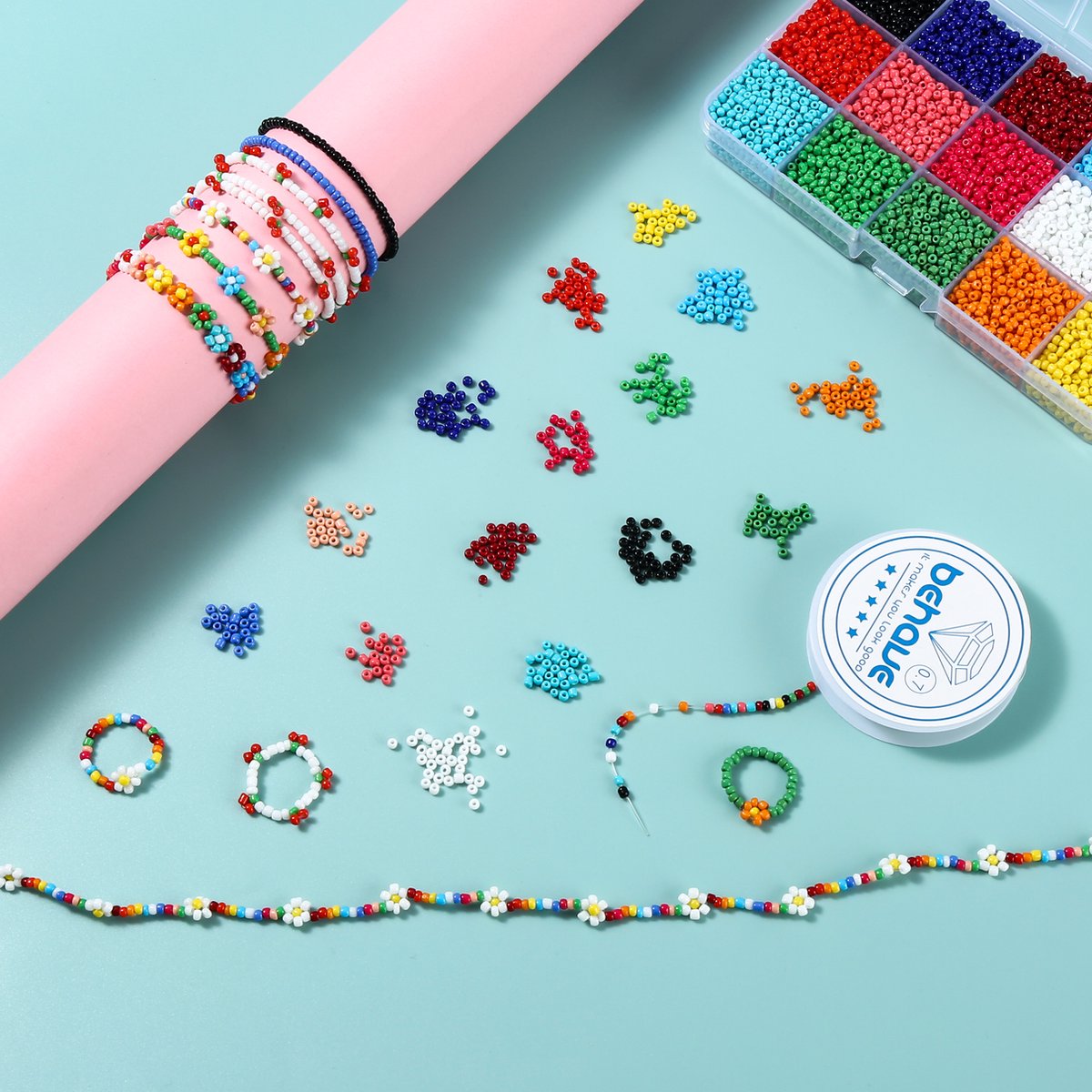 Behave 7500 Glaskralen Set - DIY Sieraden maken - Kralen Set - Rocailles - Bedels - Rijgdraad - 15 Kleuren - 3mm — afbeelding 4
