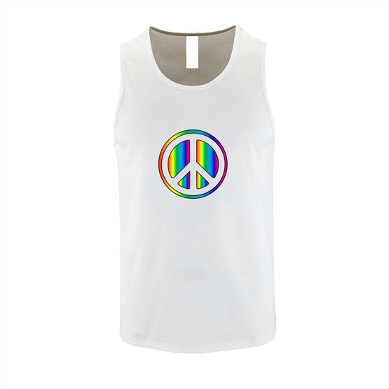 Wit Tanktop met Retro Full Color print "Peace “ Flower Power Logo print size M