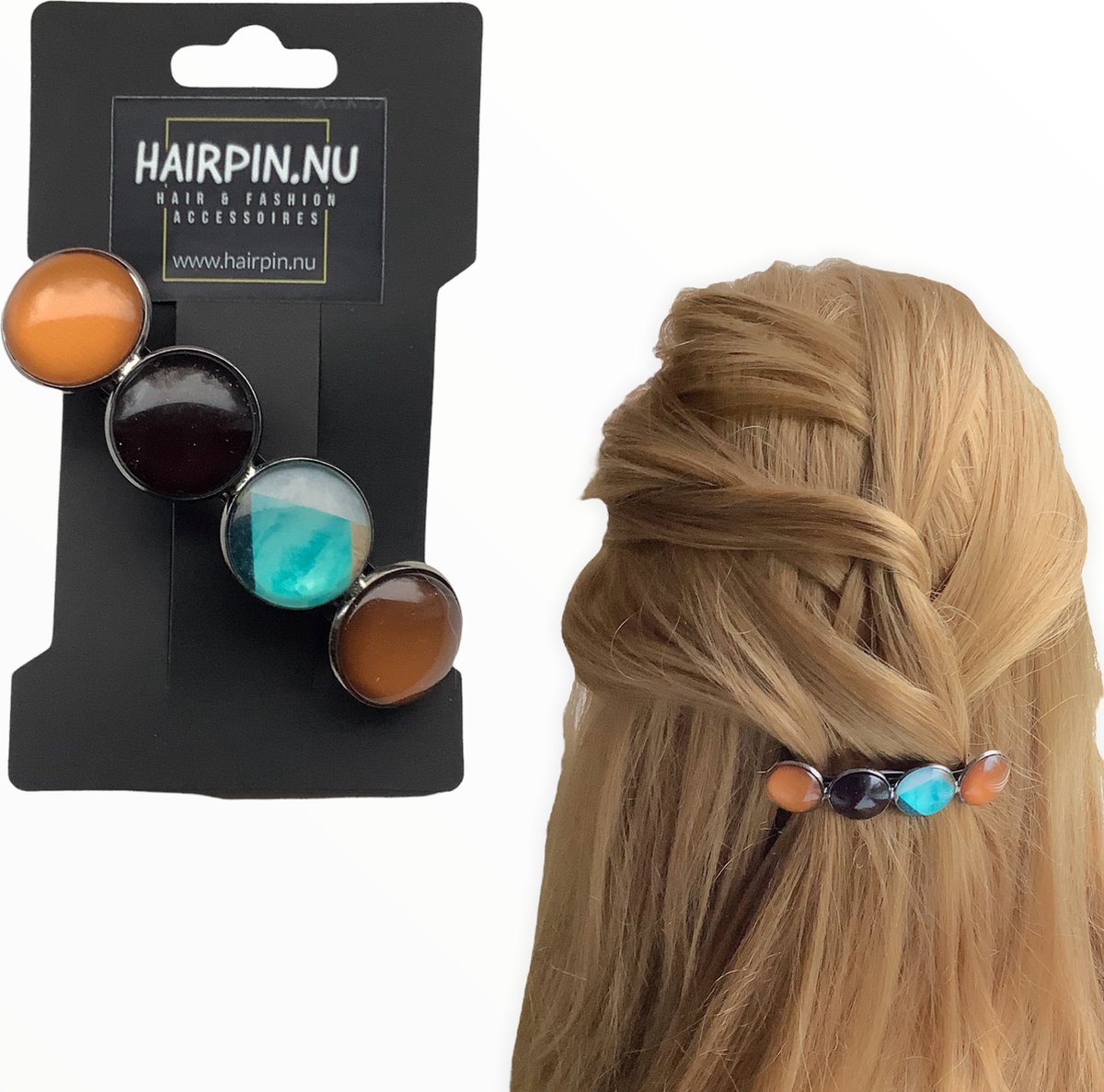 Haarspeld-haarclip-cabochon-bruin-turquoise-Ibiza style-hairpin.nu