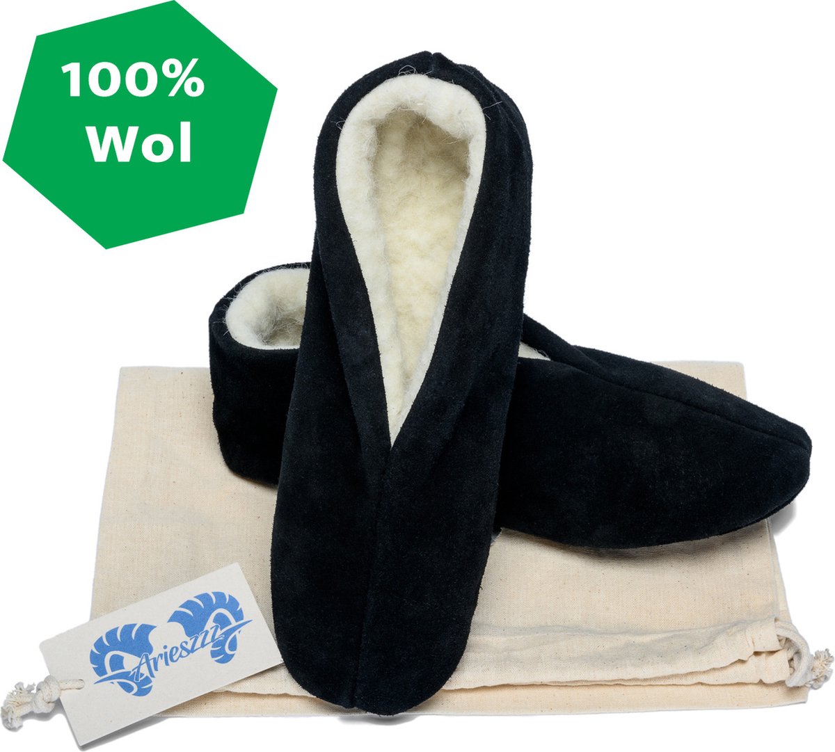Bernardino Unisex Spaanse Sloffen 100% Wol - Zwart - Maat 42 - incl. opbergzak