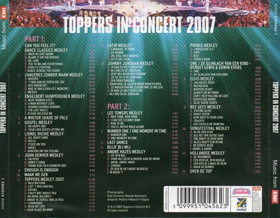 Albumhoes met nummerlijst voor Toppers In Concert 2007, met een afbeelding van een concertpodium.