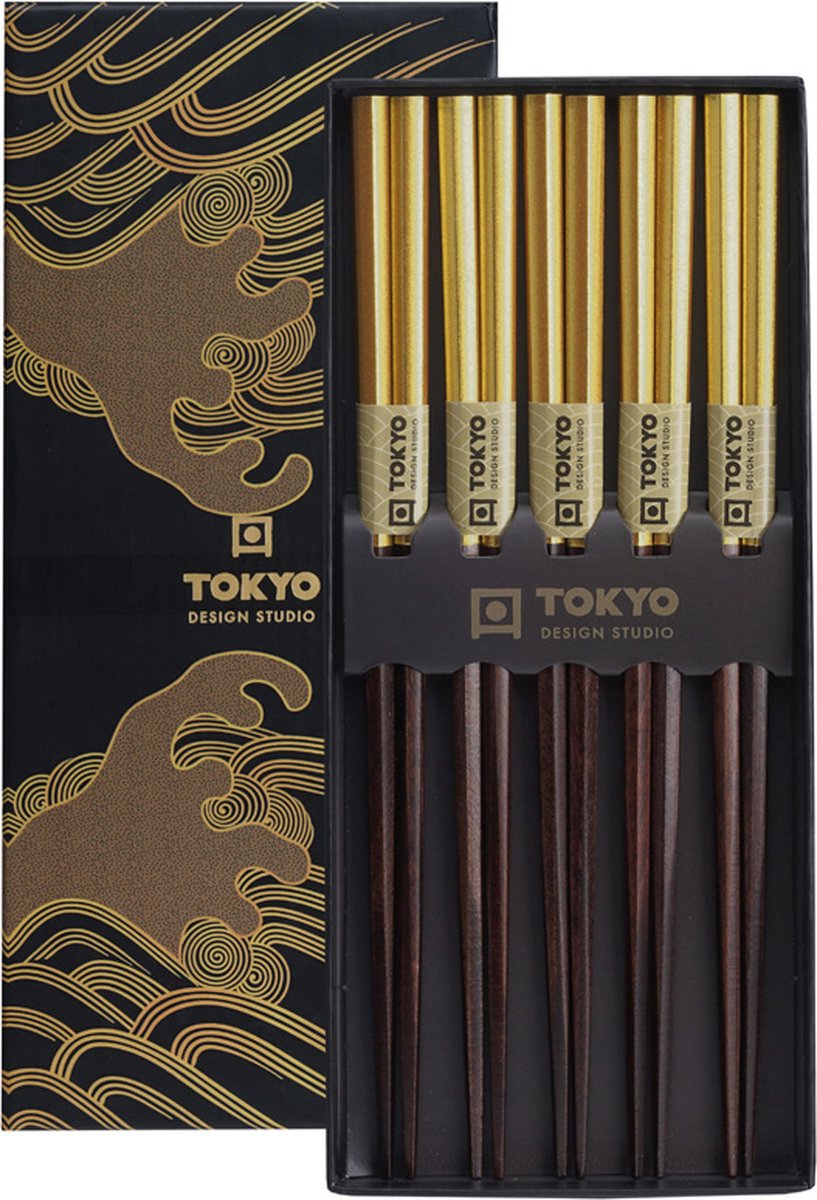 Tokyo Design Studio - Chopsticks Set - Eetstokjes Hout - Goud - Set van 5 paar - Tokyo Design Studio