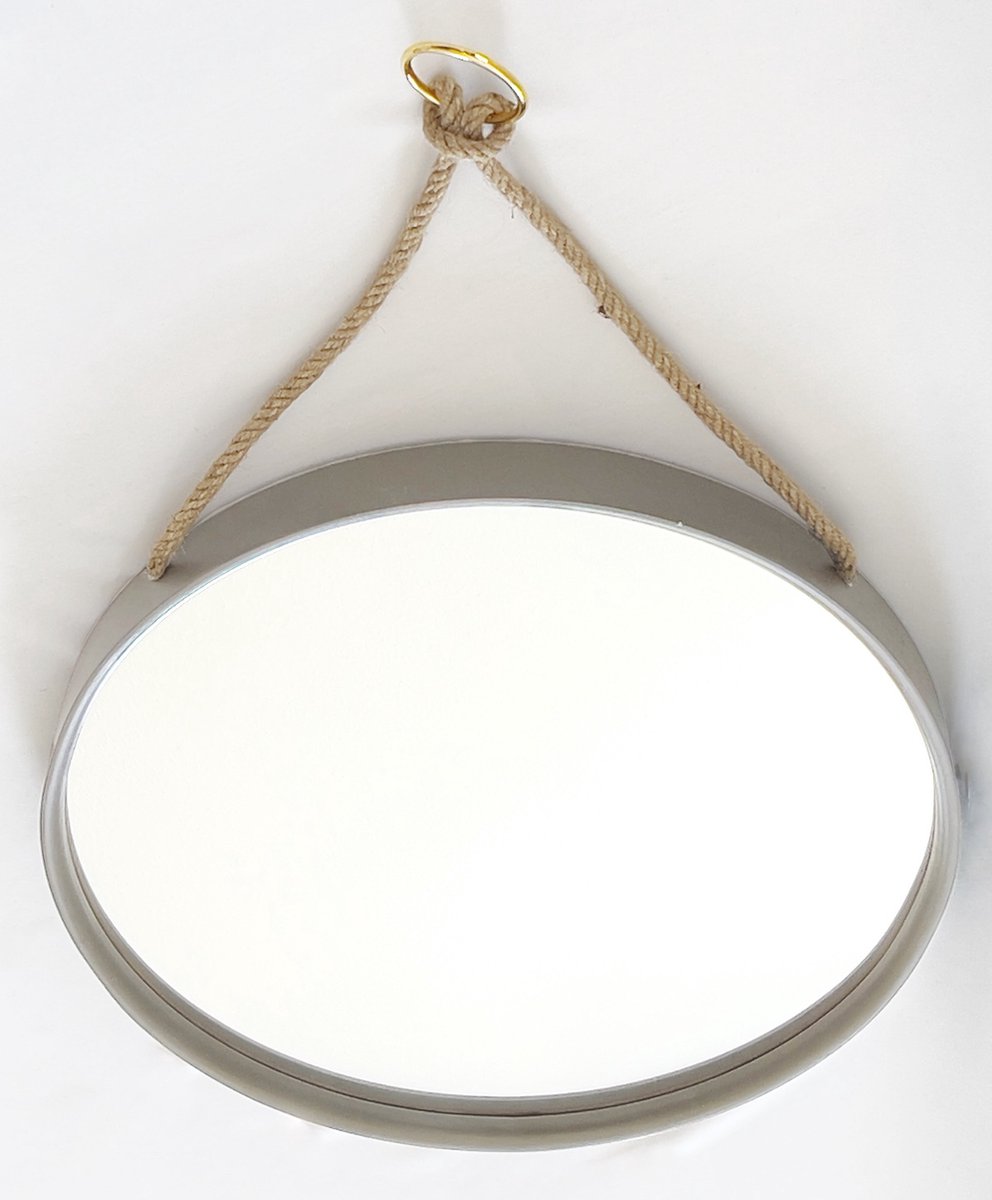 Wandspiegel - Rond - ø48cm - Grijs kleur - Houtenlijst - Linnen ophangriem - Muurdecoratie - 4cmx48cm - Spiegel Wanddecoratie