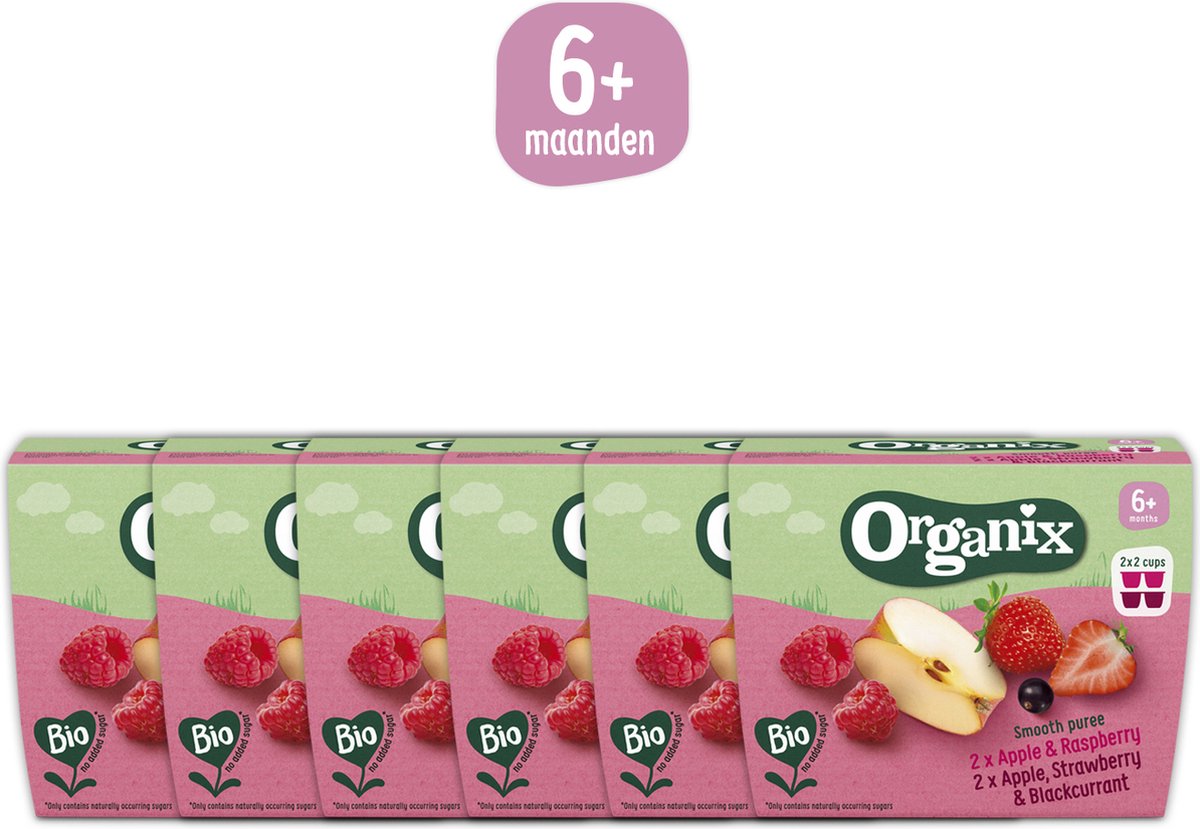 Organix Fruit Cups - Appel & Framboos + Appel & Aardbei & Zwarte Bes - Babyhapjes - Fruithapjes - 100% biologische babyvoeding - Geen onnodige toevoegingen - 6+ maanden - 24 stuks