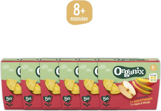 Organix Fruit Cups 8+ Maanden - Appel & Ananas + Appel & Mango - Fruithapjes - 100% Biologisch - 24 stuks