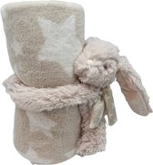 Antonio baby deken met knuffel – baby kraam cadeau – knuffel konijn – fleece deken 75 x 101 cm