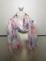 Lange dames sjaal omslagdoek Jennifer gebloemd roze wit paars blauw rood cerise grijs
