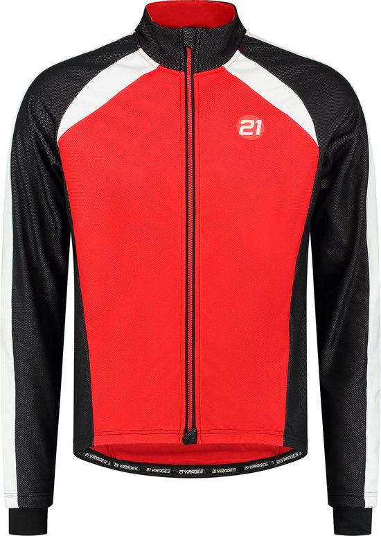 Zwart fietsjack met rode voorkant, witte schouderaccenten en zwarte mouwen. Logo '21' op de borst.