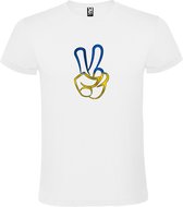 Wit T shirt met print van " Peace teken wijs en middelvinger in Geel / Blauw  " print Multicolor size XXL