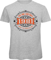 1981 The One And Only | Feest Kado T-Shirt Heren - Dames | Antraciet - Oranje | Perfect Verjaardag Cadeau Shirt | Grappige Spreuken - Zinnen - Teksten | Maat M