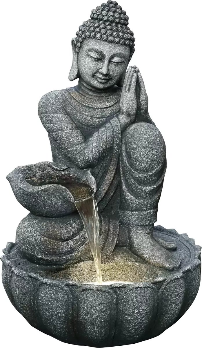 Waterornament Boeddha met Waterschaal - Polystone - Complete set met pomp en LED - H.82cm