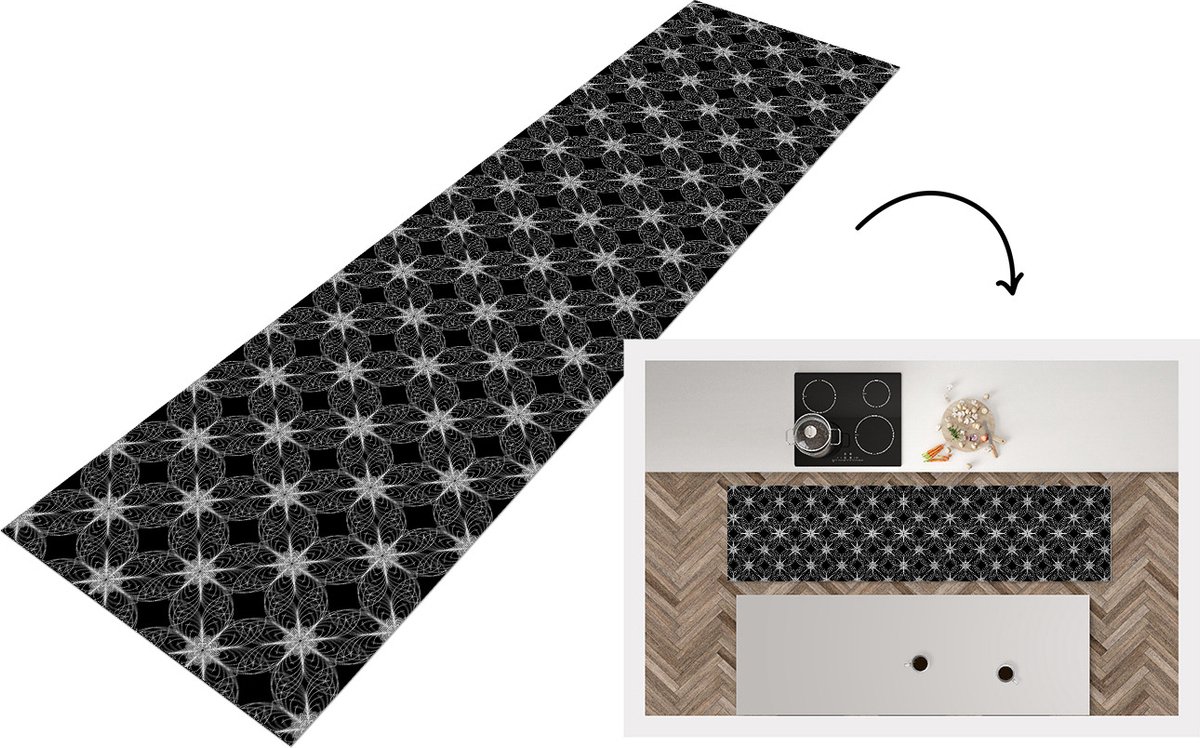 KitchenYeah Keukenloper - Loper keuken - Kompas - Patronen - Zwart Wit - 240x60 cm - Keukenloper vinyl Zwart; Wit