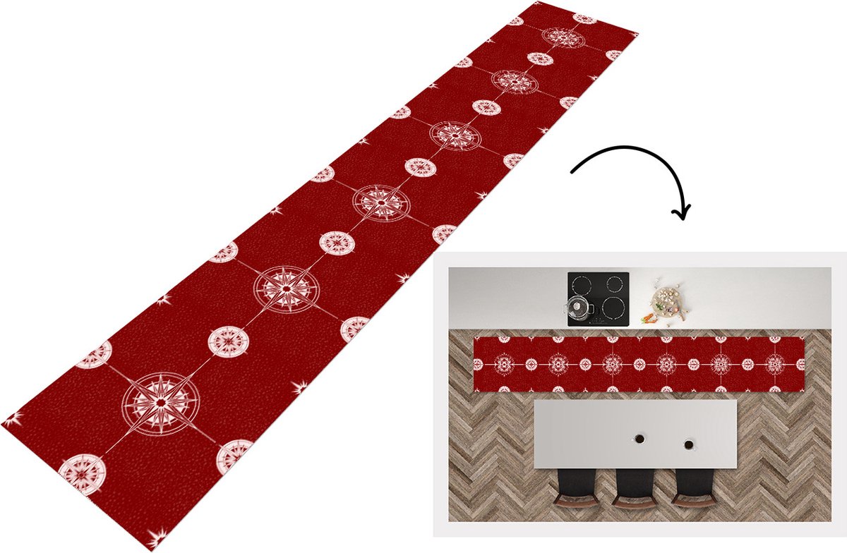 KitchenYeah Keukenloper - Loper keuken - Kompas - Reizen - Patronen - 300x50 cm - Keukenloper vinyl Multicolor