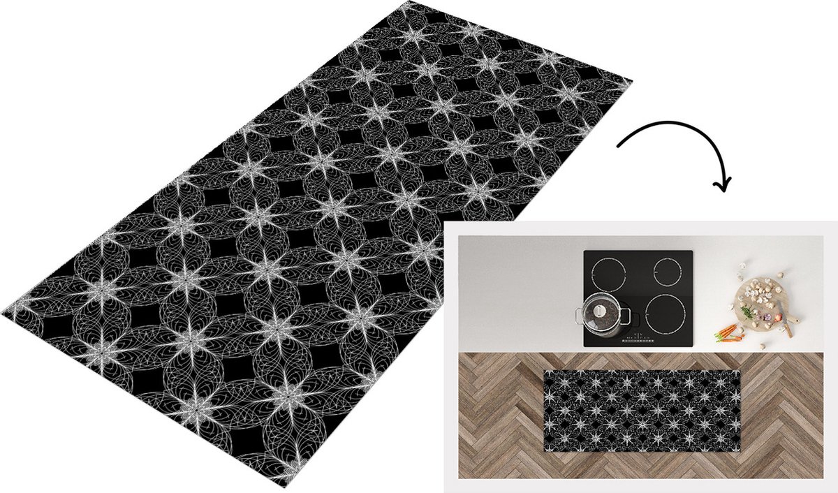 KitchenYeah Keukenloper - Loper keuken - Kompas - Patronen - Zwart Wit - 120x50 cm - Keukenloper vinyl Zwart; Wit