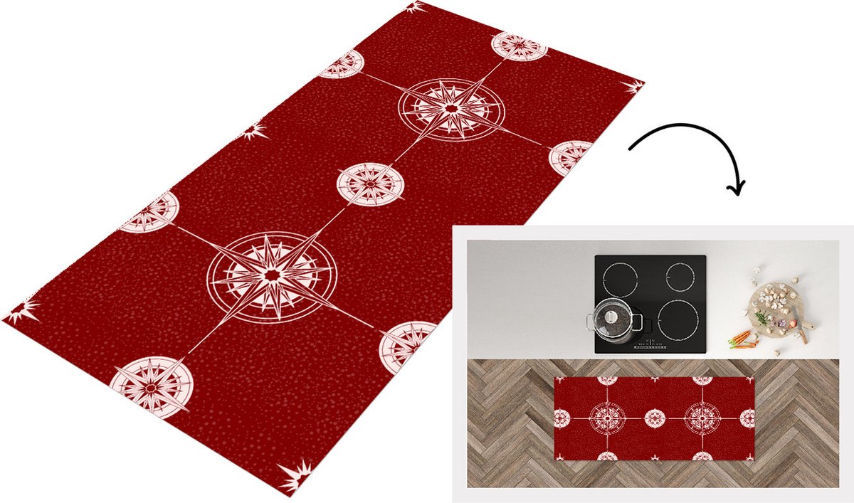KitchenYeah Keukenloper - Loper keuken - Kompas - Reizen - Patronen - 120x50 cm - Keukenloper vinyl Multicolor
