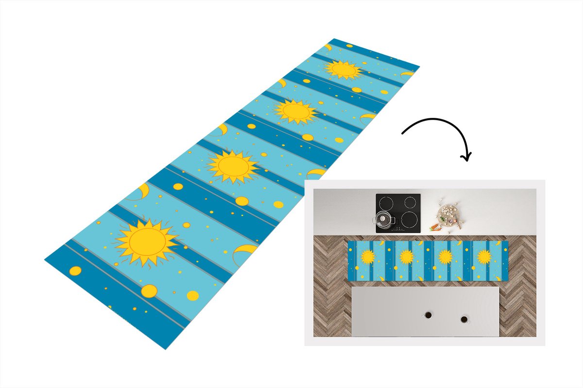 KitchenYeah Keukenloper - Loper keuken - Zon - Maan - Design - 200x50 cm - Keukenloper vinyl Multicolor