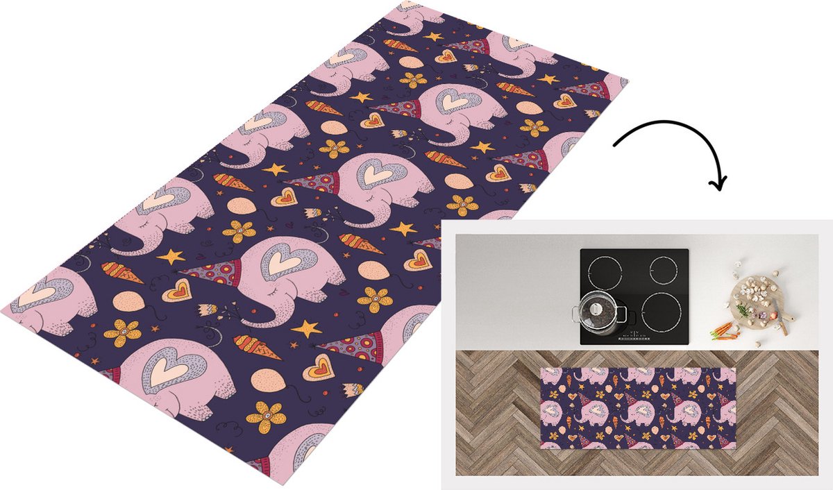 KitchenYeah Keukenloper - Loper keuken - Verjaardag - Olifant - Bloemen - Patronen - 120x50 cm - Keukenloper vinyl Multicolor