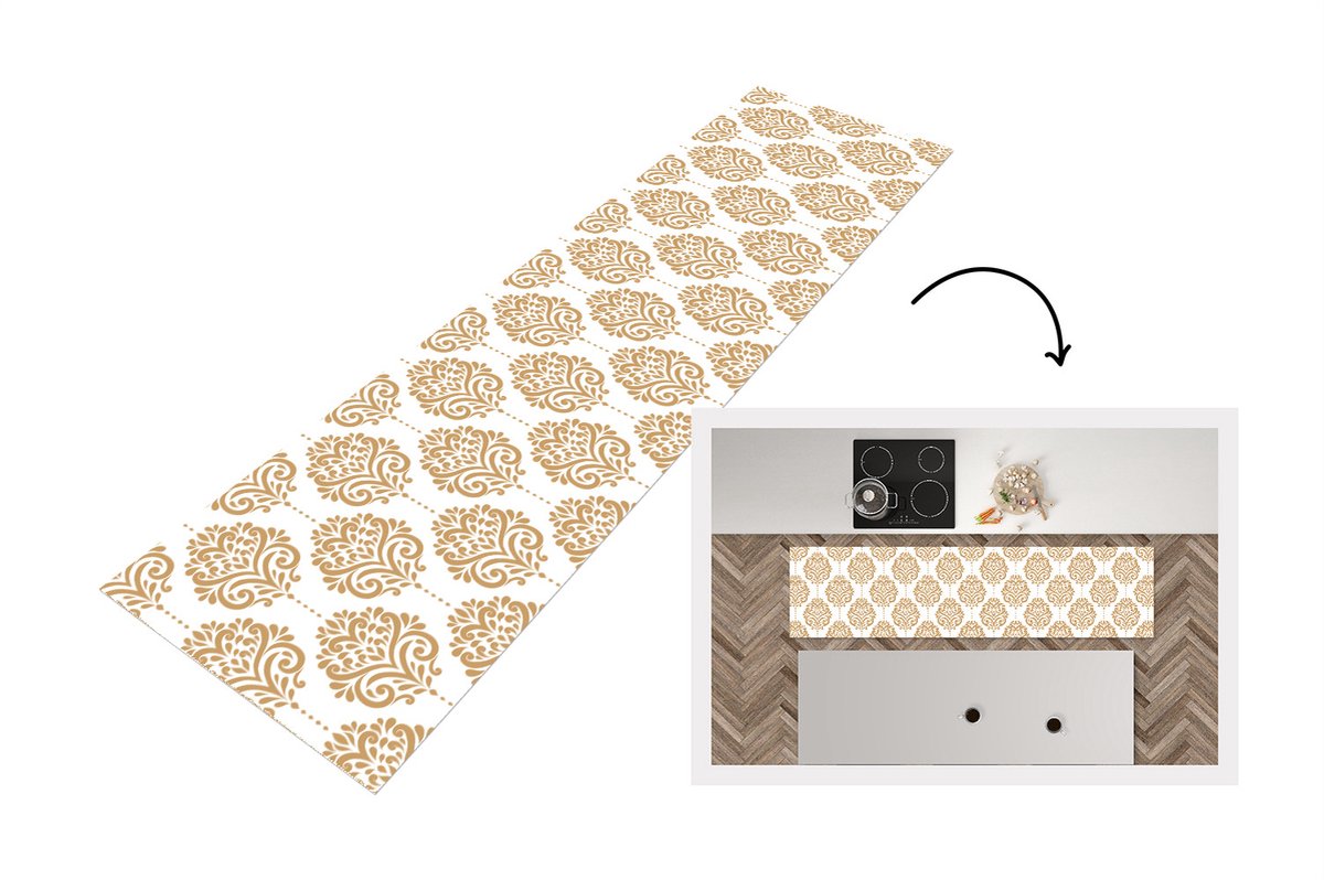 KitchenYeah Keukenloper - Loper keuken - Vintage - Bloemen - Goud - Design - 200x50 cm - Keukenloper vinyl Multicolor