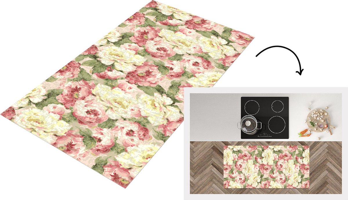 KitchenYeah Keukenloper - Loper keuken - Rozen - Vintage - Patronen - 120x60 cm - Keukenloper vinyl Multicolor