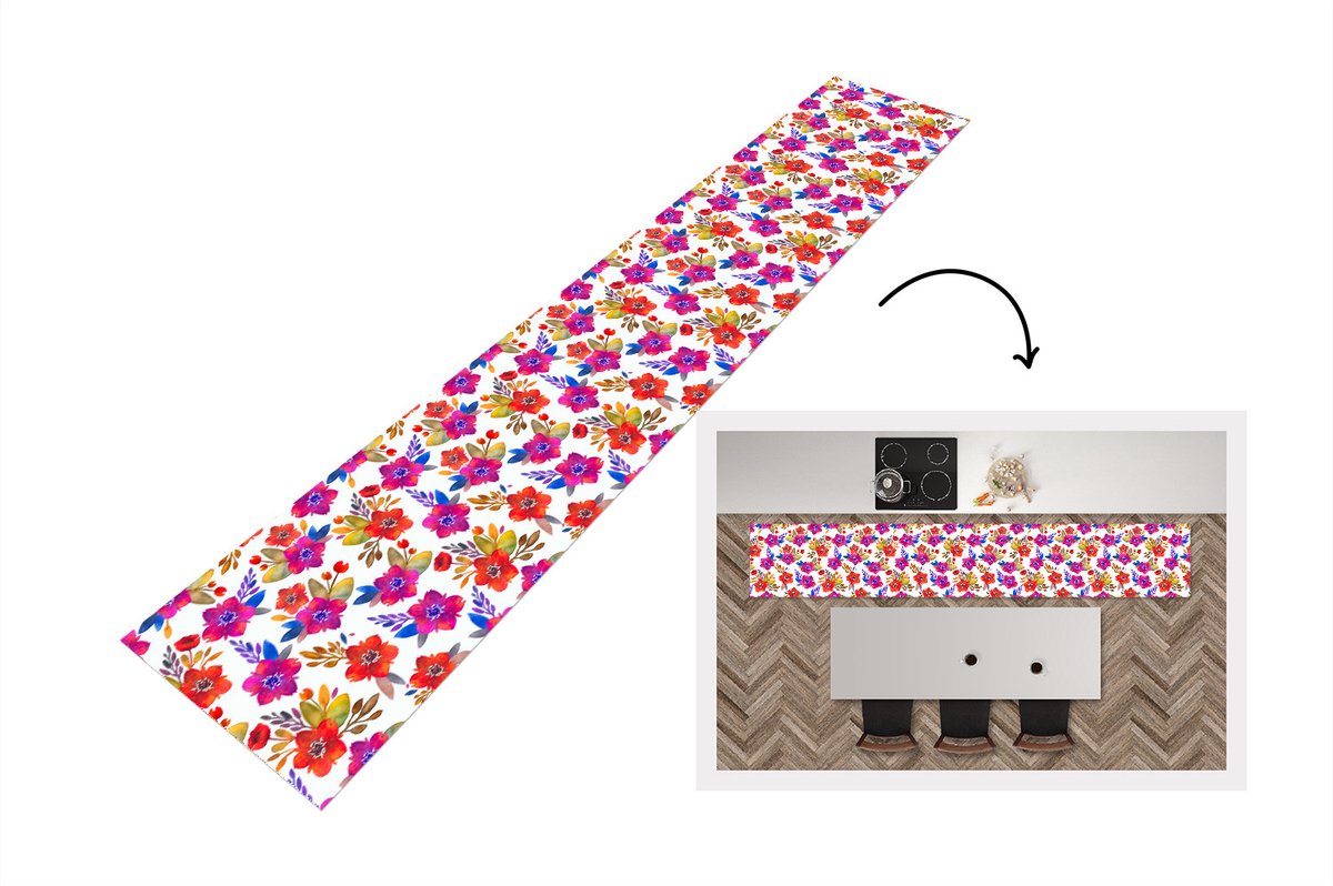 KitchenYeah Keukenloper - Loper keuken - Waterverf - Bloemen - Paars - 300x50 cm - Keukenloper vinyl Multicolor