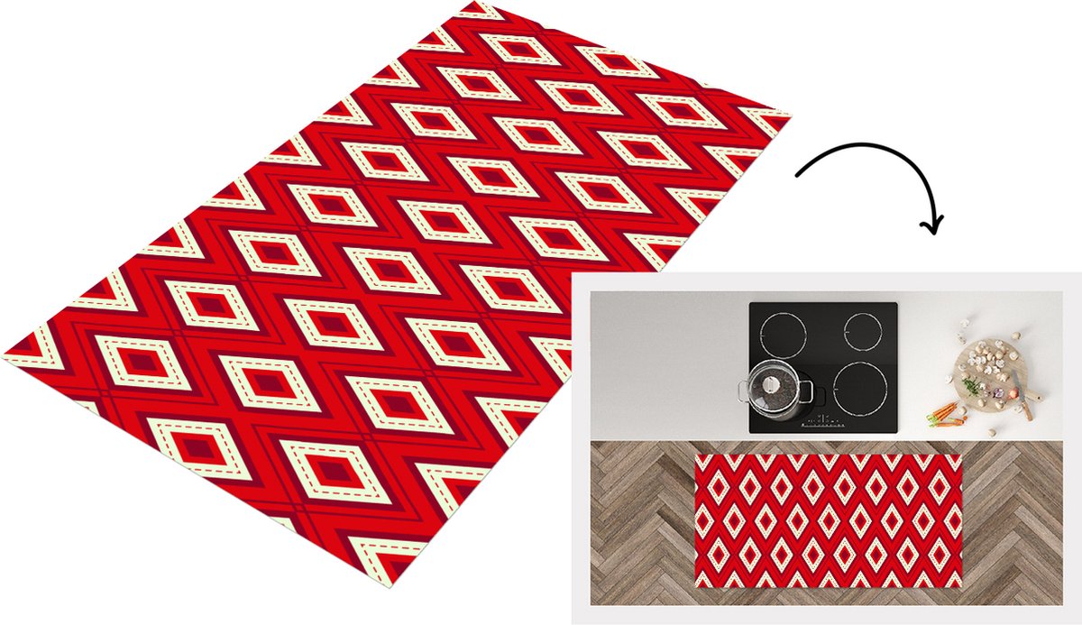KitchenYeah Keukenloper - Loper keuken - Kerst - Patronen - Ruit - Rood - 120x60 cm - Keukenloper vinyl Multicolor