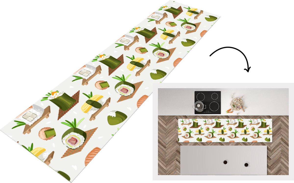 KitchenYeah Keukenloper - Loper keuken - Sushi - Patronen - Eten - 200x50 cm - Keukenloper vinyl Multicolor