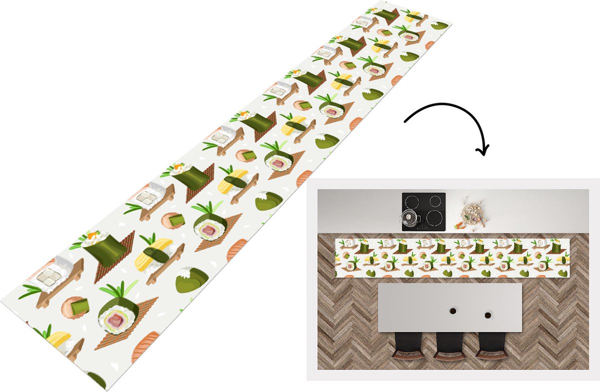 KitchenYeah Keukenloper - Loper keuken - Sushi - Patronen - Eten - 300x50 cm - Keukenloper vinyl Multicolor