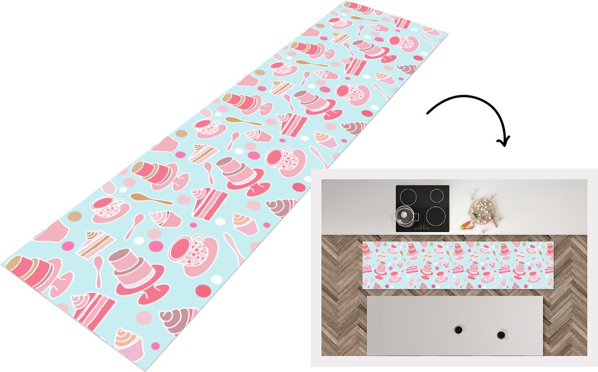 KitchenYeah Keukenloper - Loper keuken - Taart - Thee - Cupcake - Roze - Design - 200x50 cm - Keukenloper vinyl Multicolor