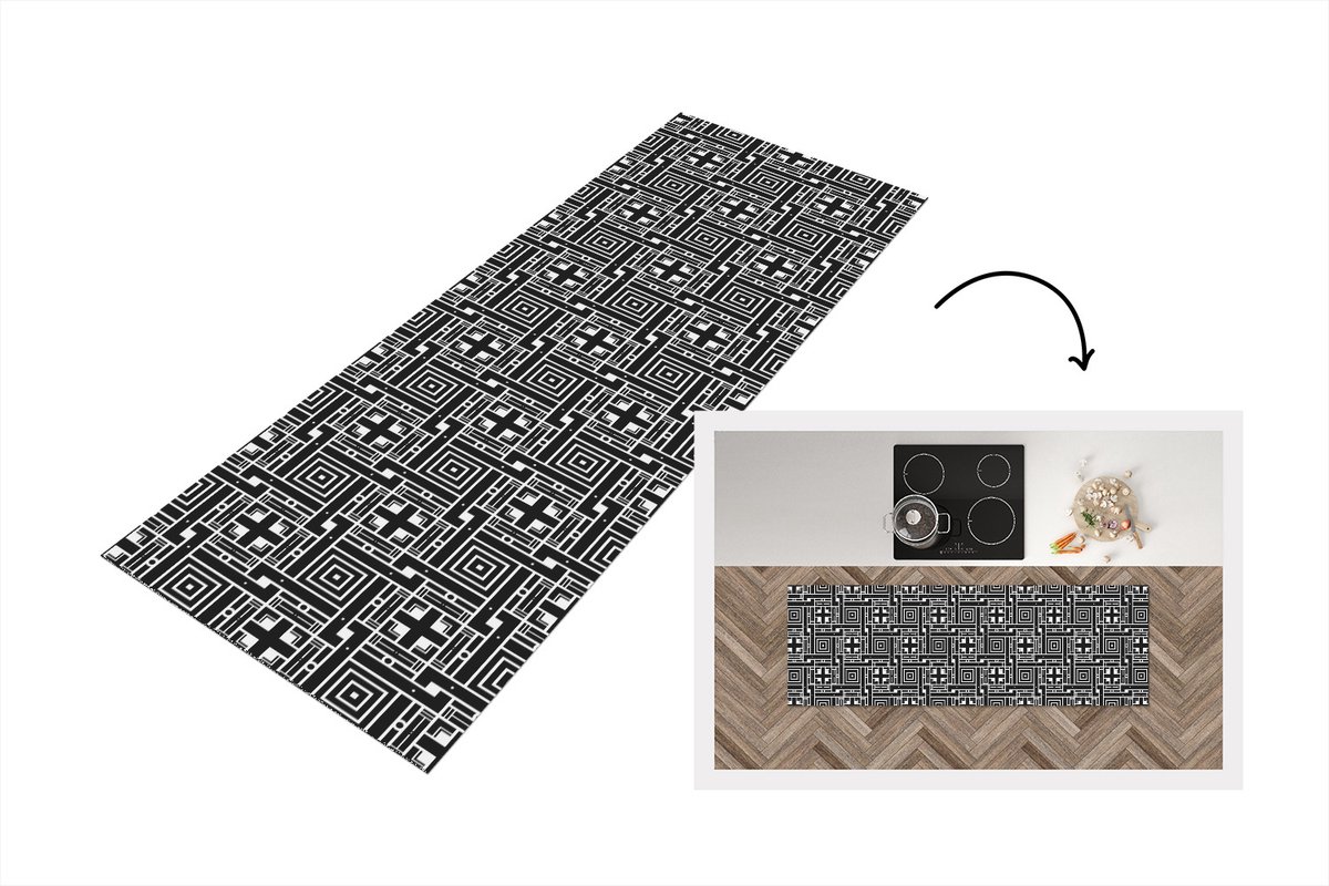 KitchenYeah Keukenloper - Loper keuken - Geometrie - Patroon - Zwart - 180x60 cm - Keukenloper vinyl Multicolor