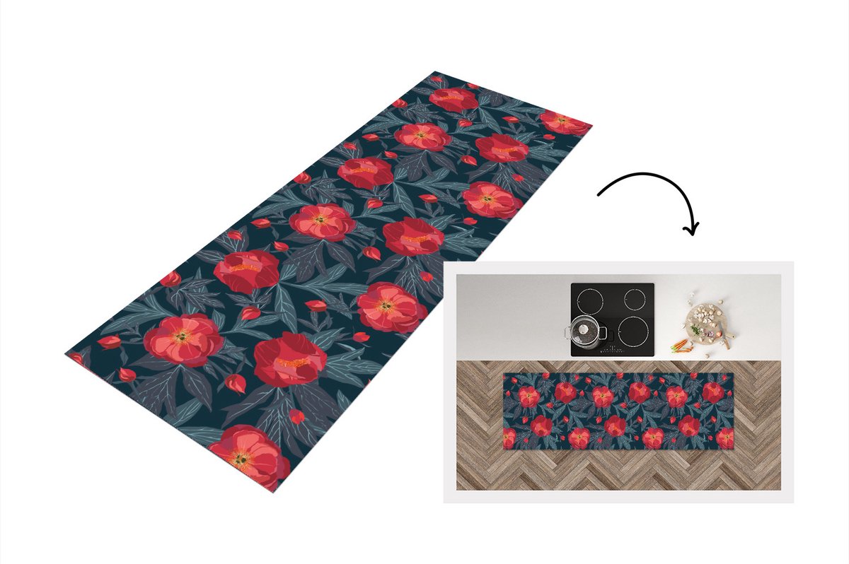 KitchenYeah Keukenloper - Loper keuken - Bloemen - Rood - Bladeren - Patronen - Keukenloper vinyl, foto 6
