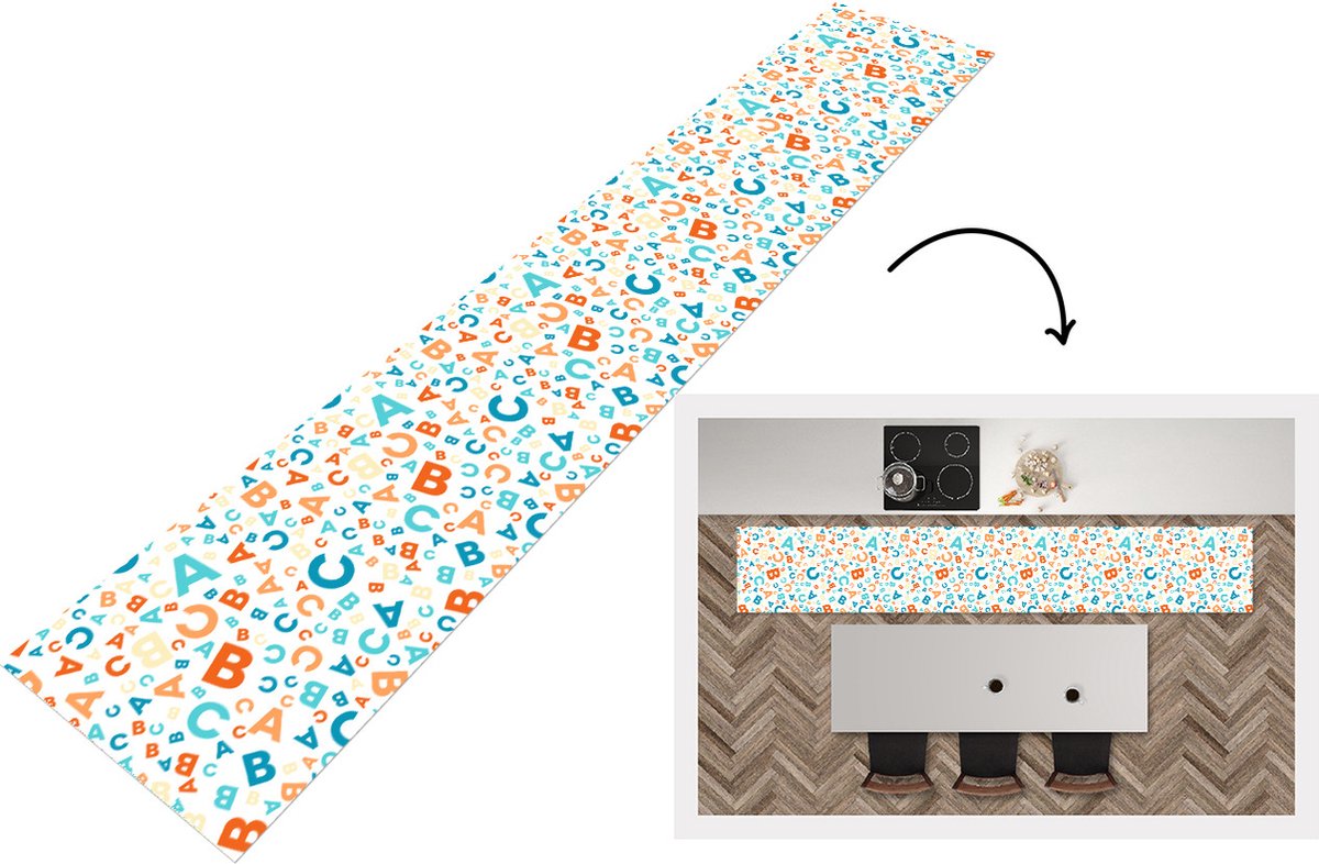 KitchenYeah Keukenloper - Loper keuken - Letters - Abc - Oranje - Blauw - Patronen - 300x50 cm - Keukenloper vinyl Multicolor